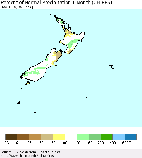New Zealand Percent of Normal Precipitation 1-Month (CHIRPS) Thematic Map For 11/1/2021 - 11/30/2021