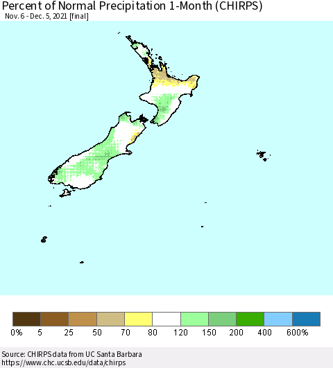 New Zealand Percent of Normal Precipitation 1-Month (CHIRPS) Thematic Map For 11/6/2021 - 12/5/2021