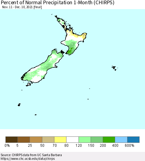 New Zealand Percent of Normal Precipitation 1-Month (CHIRPS) Thematic Map For 11/11/2021 - 12/10/2021