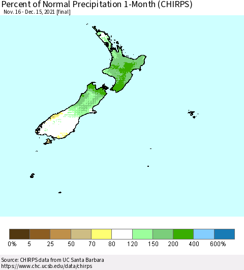 New Zealand Percent of Normal Precipitation 1-Month (CHIRPS) Thematic Map For 11/16/2021 - 12/15/2021