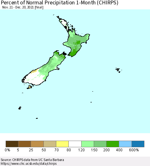 New Zealand Percent of Normal Precipitation 1-Month (CHIRPS) Thematic Map For 11/21/2021 - 12/20/2021