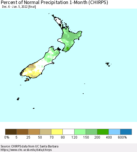 New Zealand Percent of Normal Precipitation 1-Month (CHIRPS) Thematic Map For 12/6/2021 - 1/5/2022