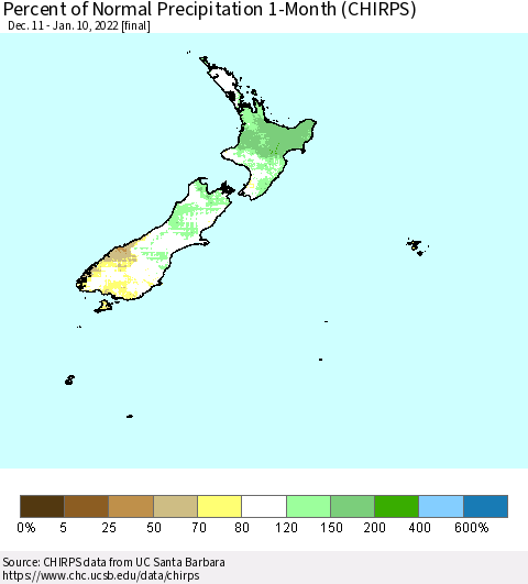 New Zealand Percent of Normal Precipitation 1-Month (CHIRPS) Thematic Map For 12/11/2021 - 1/10/2022