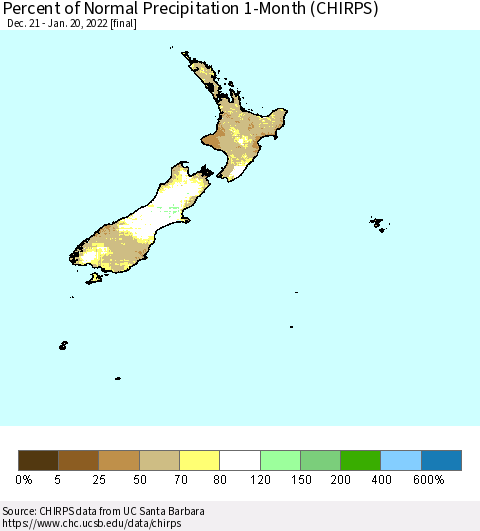 New Zealand Percent of Normal Precipitation 1-Month (CHIRPS) Thematic Map For 12/21/2021 - 1/20/2022