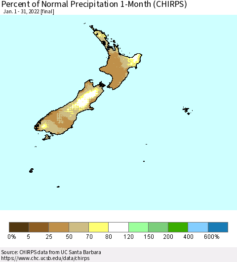 New Zealand Percent of Normal Precipitation 1-Month (CHIRPS) Thematic Map For 1/1/2022 - 1/31/2022