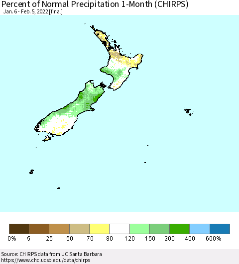 New Zealand Percent of Normal Precipitation 1-Month (CHIRPS) Thematic Map For 1/6/2022 - 2/5/2022