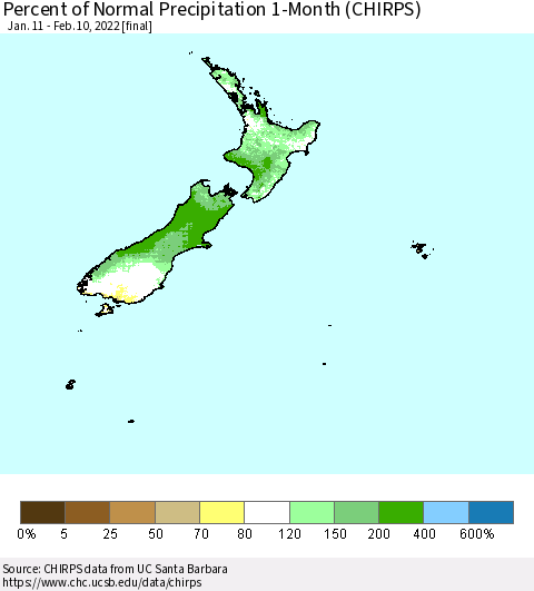 New Zealand Percent of Normal Precipitation 1-Month (CHIRPS) Thematic Map For 1/11/2022 - 2/10/2022