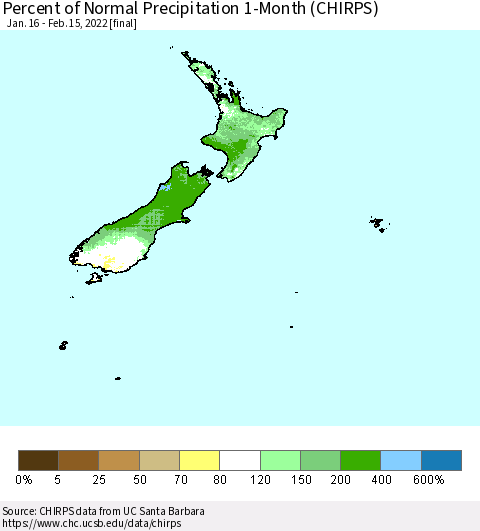 New Zealand Percent of Normal Precipitation 1-Month (CHIRPS) Thematic Map For 1/16/2022 - 2/15/2022