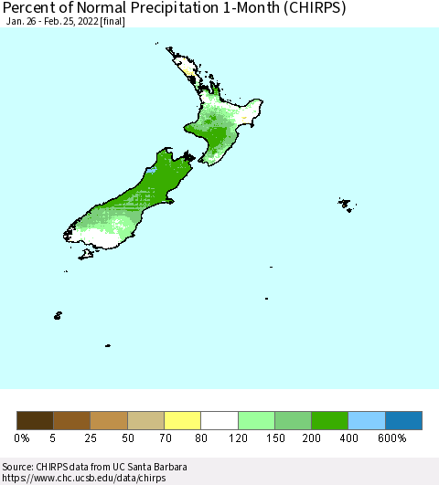 New Zealand Percent of Normal Precipitation 1-Month (CHIRPS) Thematic Map For 1/26/2022 - 2/25/2022