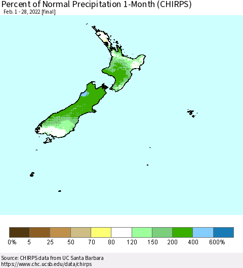 New Zealand Percent of Normal Precipitation 1-Month (CHIRPS) Thematic Map For 2/1/2022 - 2/28/2022