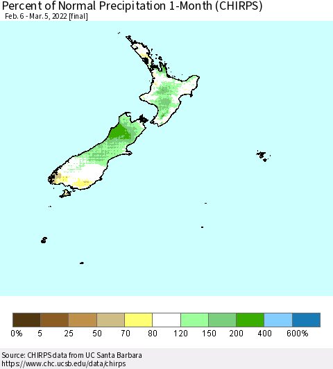 New Zealand Percent of Normal Precipitation 1-Month (CHIRPS) Thematic Map For 2/6/2022 - 3/5/2022