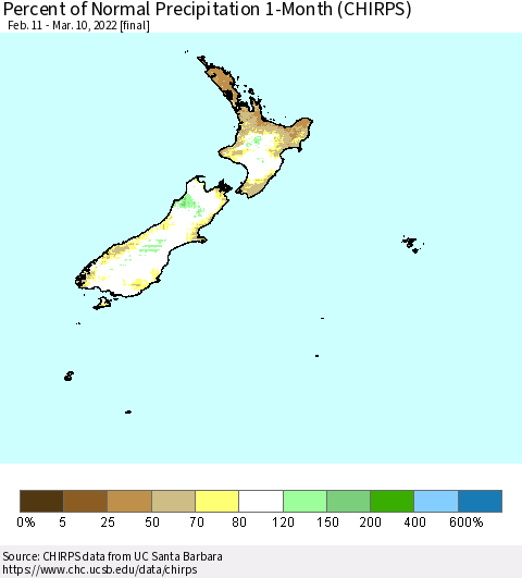 New Zealand Percent of Normal Precipitation 1-Month (CHIRPS) Thematic Map For 2/11/2022 - 3/10/2022
