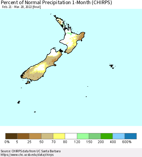 New Zealand Percent of Normal Precipitation 1-Month (CHIRPS) Thematic Map For 2/21/2022 - 3/20/2022