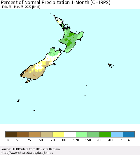 New Zealand Percent of Normal Precipitation 1-Month (CHIRPS) Thematic Map For 2/26/2022 - 3/25/2022