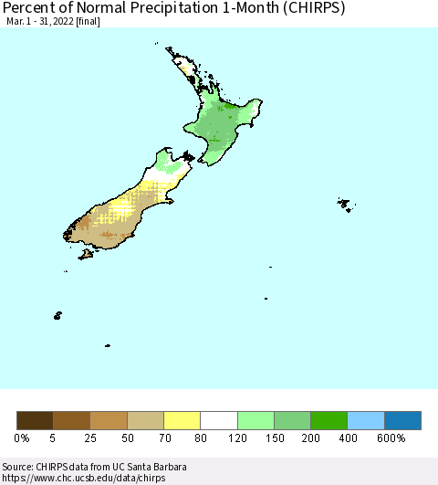 New Zealand Percent of Normal Precipitation 1-Month (CHIRPS) Thematic Map For 3/1/2022 - 3/31/2022