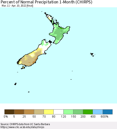 New Zealand Percent of Normal Precipitation 1-Month (CHIRPS) Thematic Map For 3/11/2022 - 4/10/2022