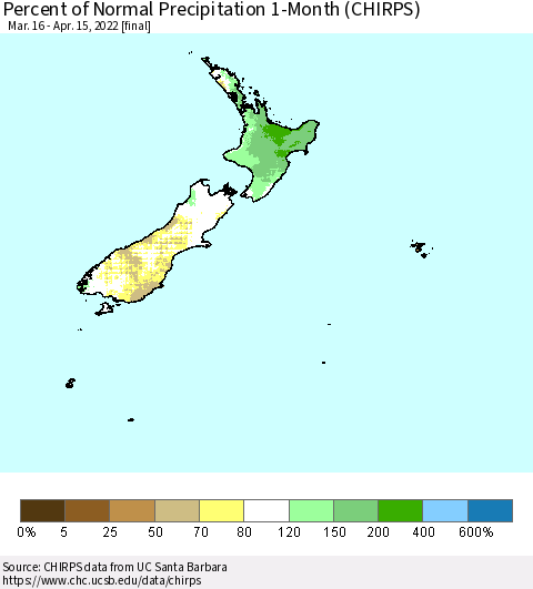 New Zealand Percent of Normal Precipitation 1-Month (CHIRPS) Thematic Map For 3/16/2022 - 4/15/2022