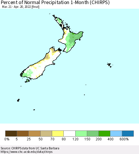 New Zealand Percent of Normal Precipitation 1-Month (CHIRPS) Thematic Map For 3/21/2022 - 4/20/2022