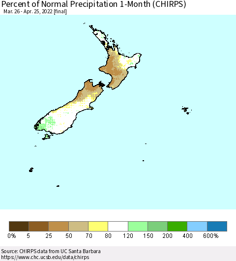 New Zealand Percent of Normal Precipitation 1-Month (CHIRPS) Thematic Map For 3/26/2022 - 4/25/2022