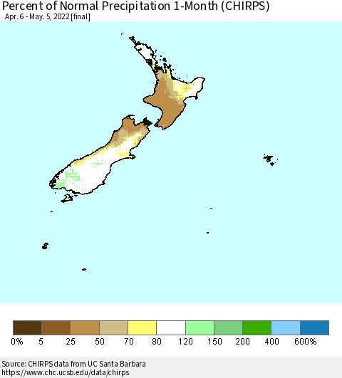 New Zealand Percent of Normal Precipitation 1-Month (CHIRPS) Thematic Map For 4/6/2022 - 5/5/2022