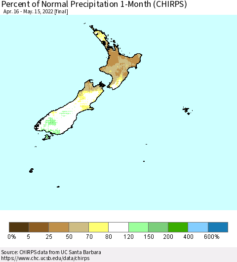 New Zealand Percent of Normal Precipitation 1-Month (CHIRPS) Thematic Map For 4/16/2022 - 5/15/2022