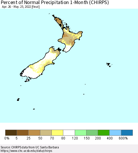 New Zealand Percent of Normal Precipitation 1-Month (CHIRPS) Thematic Map For 4/26/2022 - 5/25/2022