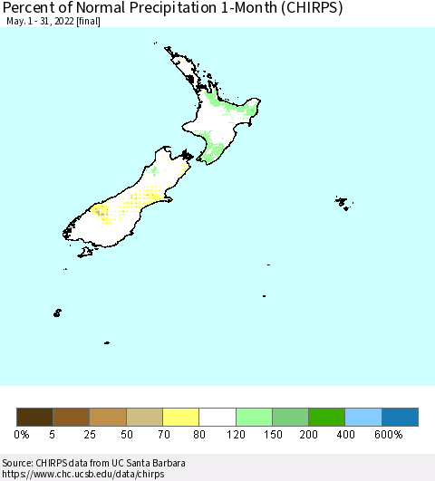 New Zealand Percent of Normal Precipitation 1-Month (CHIRPS) Thematic Map For 5/1/2022 - 5/31/2022
