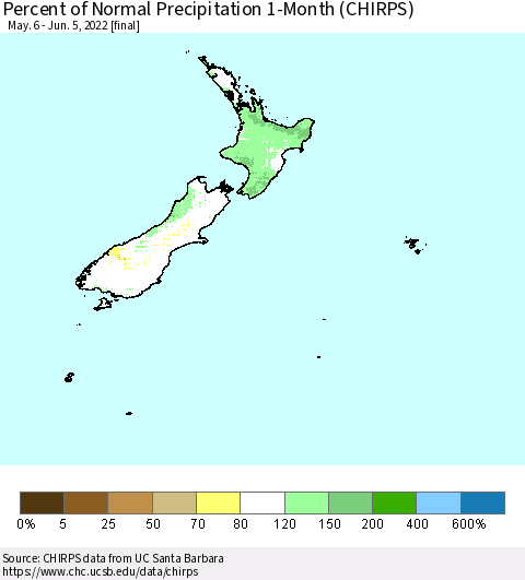 New Zealand Percent of Normal Precipitation 1-Month (CHIRPS) Thematic Map For 5/6/2022 - 6/5/2022