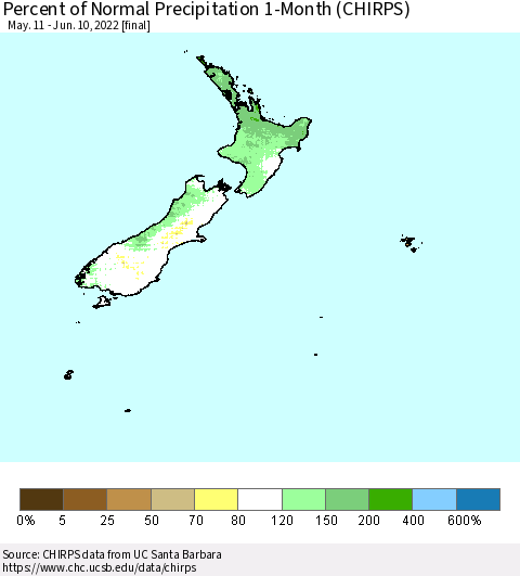 New Zealand Percent of Normal Precipitation 1-Month (CHIRPS) Thematic Map For 5/11/2022 - 6/10/2022