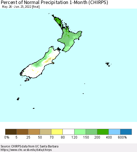 New Zealand Percent of Normal Precipitation 1-Month (CHIRPS) Thematic Map For 5/26/2022 - 6/25/2022
