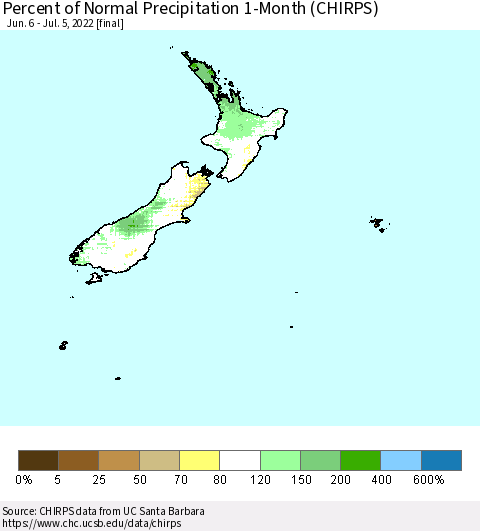 New Zealand Percent of Normal Precipitation 1-Month (CHIRPS) Thematic Map For 6/6/2022 - 7/5/2022