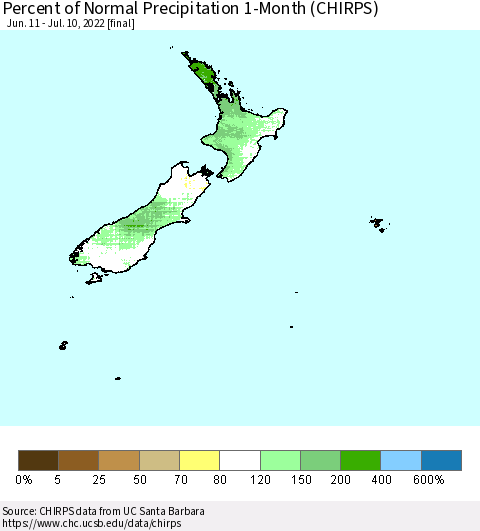 New Zealand Percent of Normal Precipitation 1-Month (CHIRPS) Thematic Map For 6/11/2022 - 7/10/2022