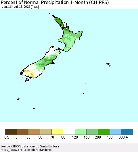 New Zealand Percent of Normal Precipitation 1-Month (CHIRPS) Thematic Map For 6/16/2022 - 7/15/2022