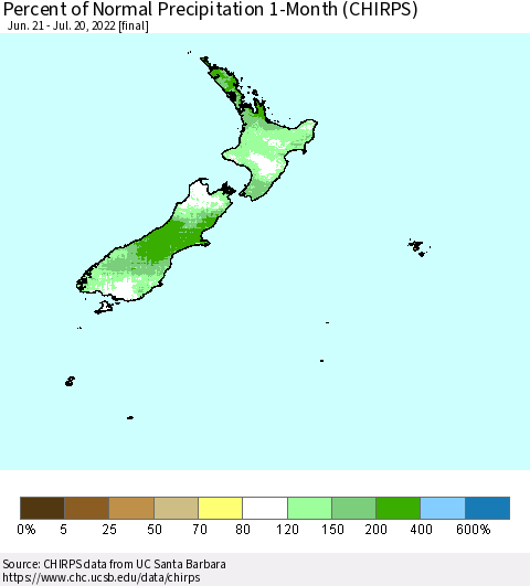 New Zealand Percent of Normal Precipitation 1-Month (CHIRPS) Thematic Map For 6/21/2022 - 7/20/2022