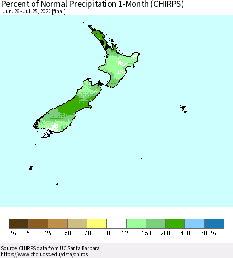 New Zealand Percent of Normal Precipitation 1-Month (CHIRPS) Thematic Map For 6/26/2022 - 7/25/2022