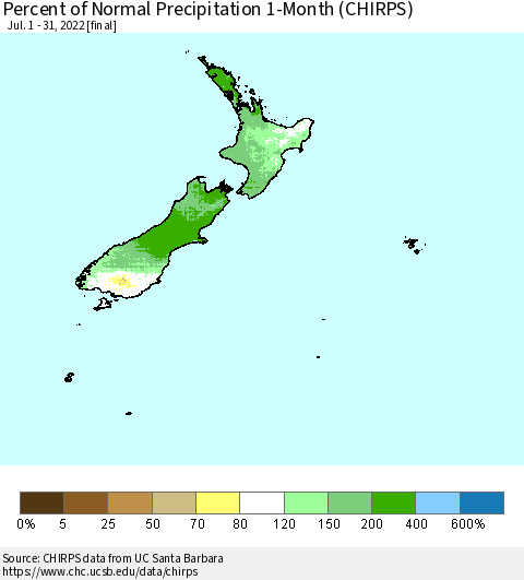 New Zealand Percent of Normal Precipitation 1-Month (CHIRPS) Thematic Map For 7/1/2022 - 7/31/2022