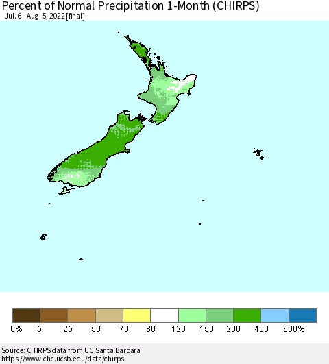 New Zealand Percent of Normal Precipitation 1-Month (CHIRPS) Thematic Map For 7/6/2022 - 8/5/2022
