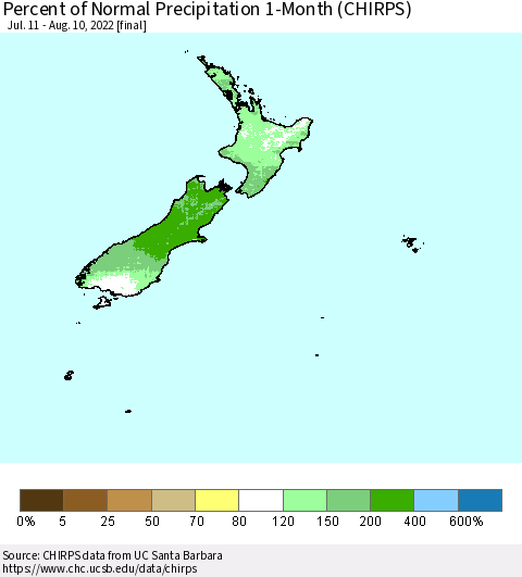 New Zealand Percent of Normal Precipitation 1-Month (CHIRPS) Thematic Map For 7/11/2022 - 8/10/2022