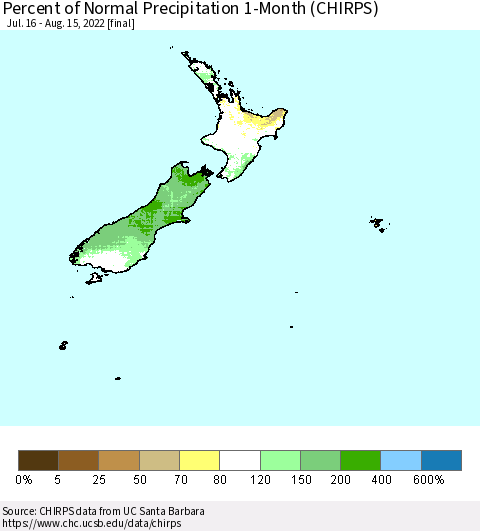 New Zealand Percent of Normal Precipitation 1-Month (CHIRPS) Thematic Map For 7/16/2022 - 8/15/2022