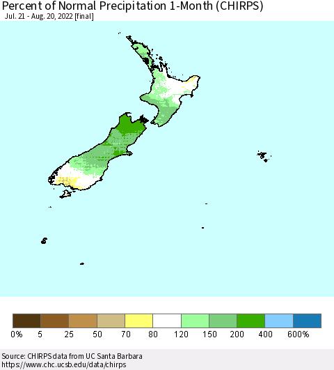 New Zealand Percent of Normal Precipitation 1-Month (CHIRPS) Thematic Map For 7/21/2022 - 8/20/2022