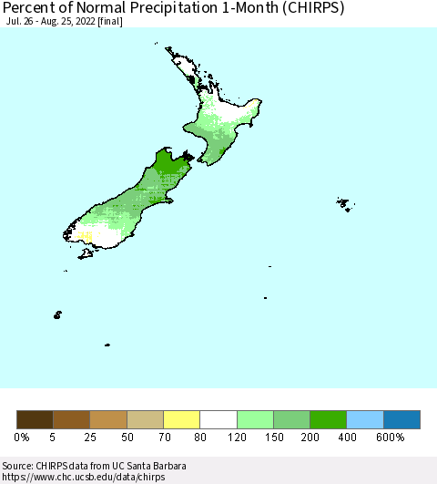 New Zealand Percent of Normal Precipitation 1-Month (CHIRPS) Thematic Map For 7/26/2022 - 8/25/2022