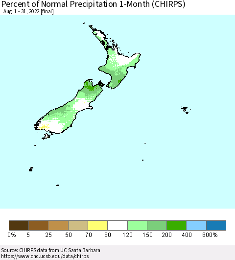 New Zealand Percent of Normal Precipitation 1-Month (CHIRPS) Thematic Map For 8/1/2022 - 8/31/2022
