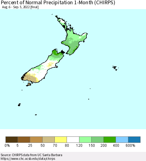 New Zealand Percent of Normal Precipitation 1-Month (CHIRPS) Thematic Map For 8/6/2022 - 9/5/2022