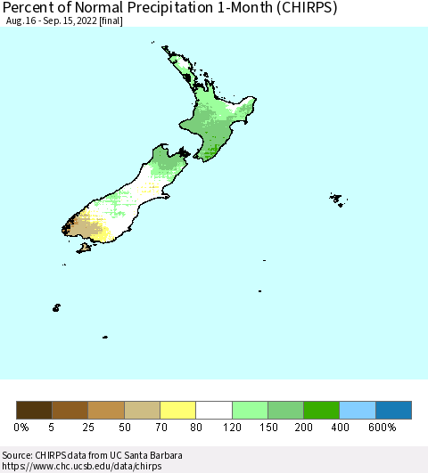 New Zealand Percent of Normal Precipitation 1-Month (CHIRPS) Thematic Map For 8/16/2022 - 9/15/2022
