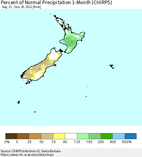 New Zealand Percent of Normal Precipitation 1-Month (CHIRPS) Thematic Map For 8/21/2022 - 9/20/2022