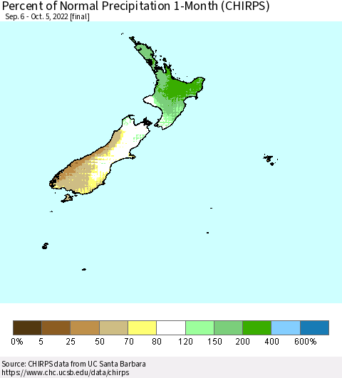 New Zealand Percent of Normal Precipitation 1-Month (CHIRPS) Thematic Map For 9/6/2022 - 10/5/2022