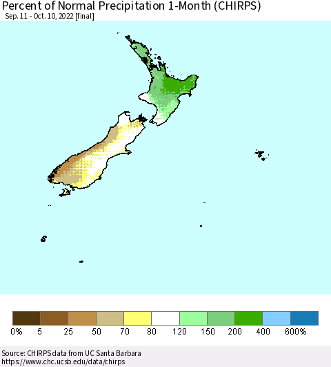 New Zealand Percent of Normal Precipitation 1-Month (CHIRPS) Thematic Map For 9/11/2022 - 10/10/2022