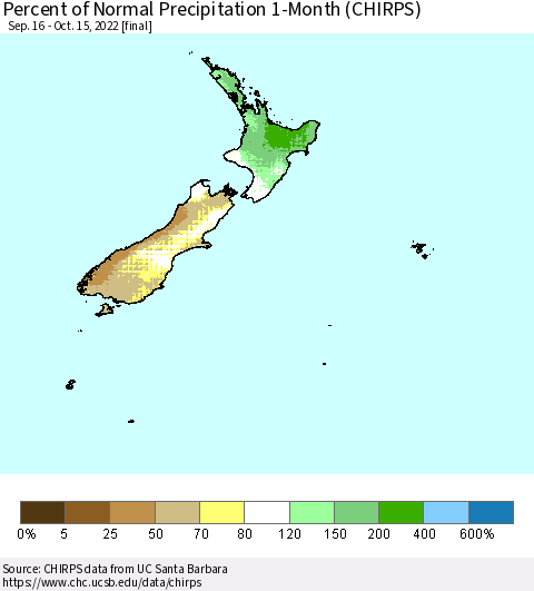 New Zealand Percent of Normal Precipitation 1-Month (CHIRPS) Thematic Map For 9/16/2022 - 10/15/2022