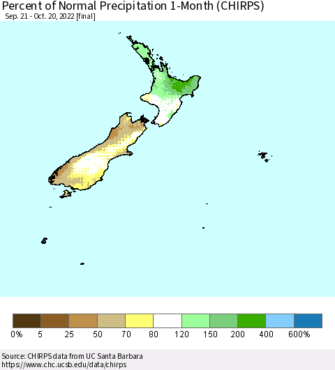 New Zealand Percent of Normal Precipitation 1-Month (CHIRPS) Thematic Map For 9/21/2022 - 10/20/2022