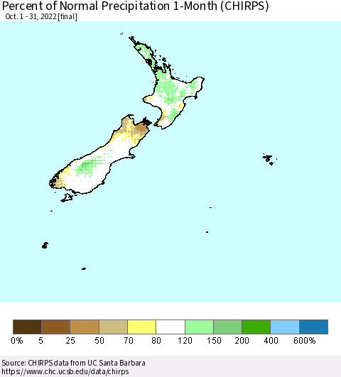 New Zealand Percent of Normal Precipitation 1-Month (CHIRPS) Thematic Map For 10/1/2022 - 10/31/2022